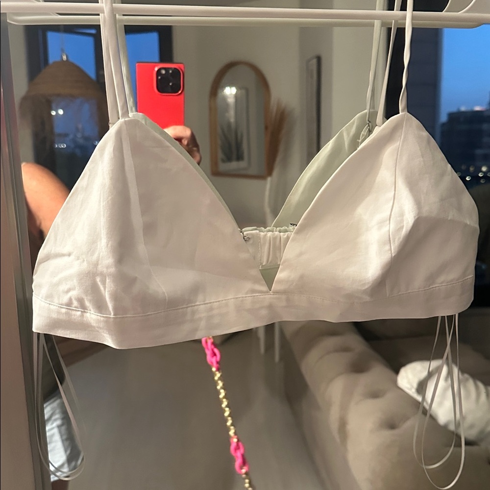 Crescent White Elastic-Waist Shorts with bikini top outfit. crisp white. nwot